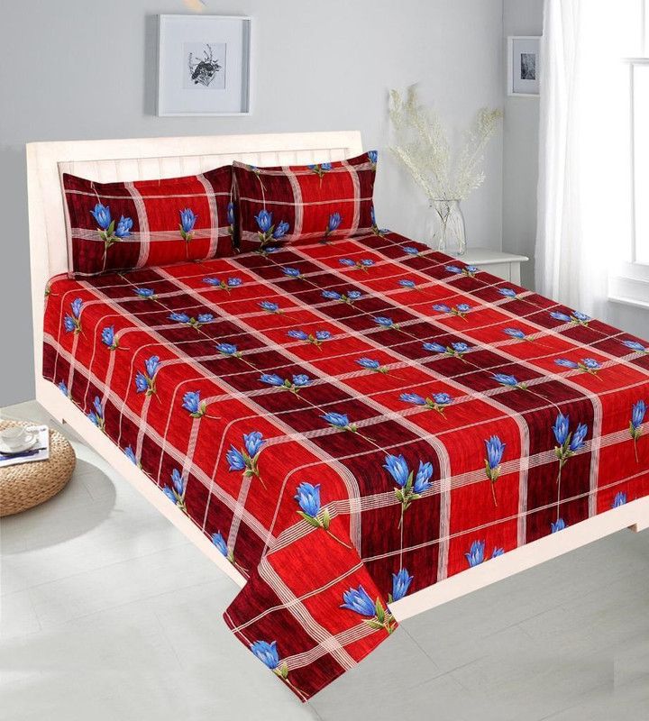 CHEVRON 160 TC Polycotton Double Floral Flat Bedsheet  (Pack of 1, Red)