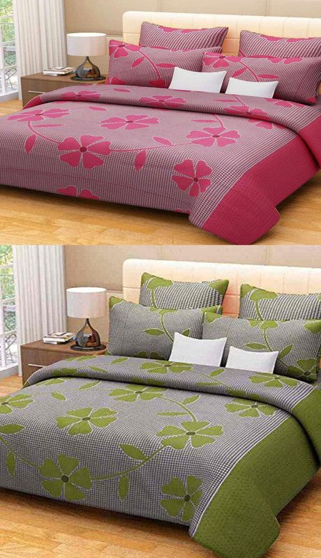WebDealz 120 TC Cotton Double Printed Flat Bedsheet  (Pack of 6, Green, Pink)