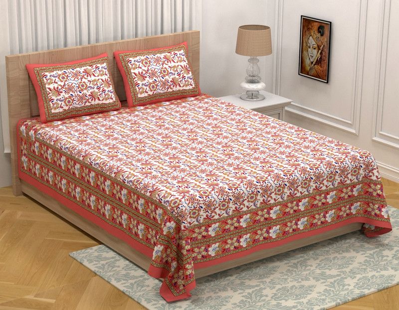Jyana's 120 TC Cotton Double Printed Flat Bedsheet  (Pack of 1, Orange)