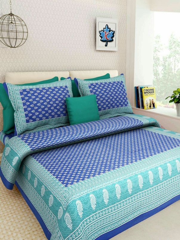 Parth Fashion 144 TC Cotton Double Printed Flat Bedsheet  (Pack of 1, Blue)