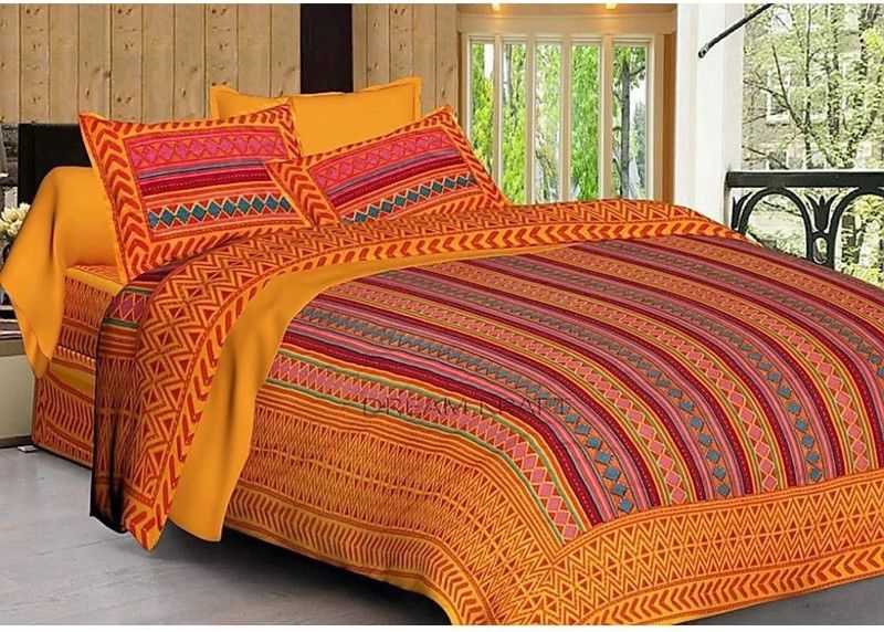 ZGX 300 TC Cotton King Printed Flat Bedsheet  (Pack of 1, Orange, Pink, Red)
