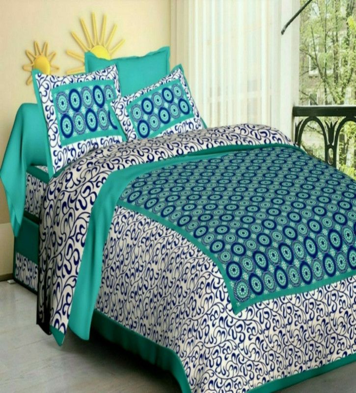VIKANJALI FAB 104 TC Cotton Double Printed Flat Bedsheet  (Pack of 1, Blue)