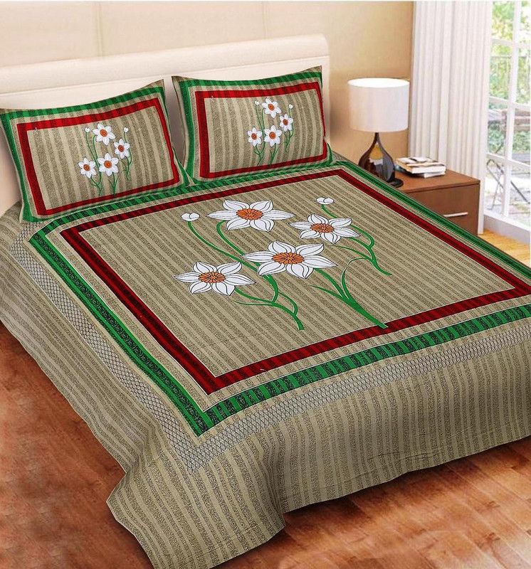 LxMiCreations 165 TC Cotton Queen Jaipuri Prints Flat Bedsheet  (Pack of 1, Green)