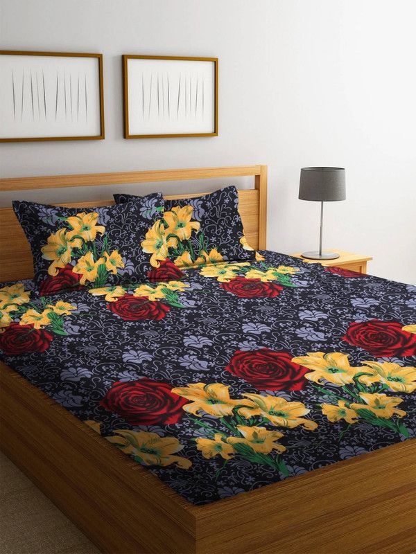 SHAPHIO 144 TC Cotton Double Floral Flat Bedsheet  (Pack of 1, Black, Red)