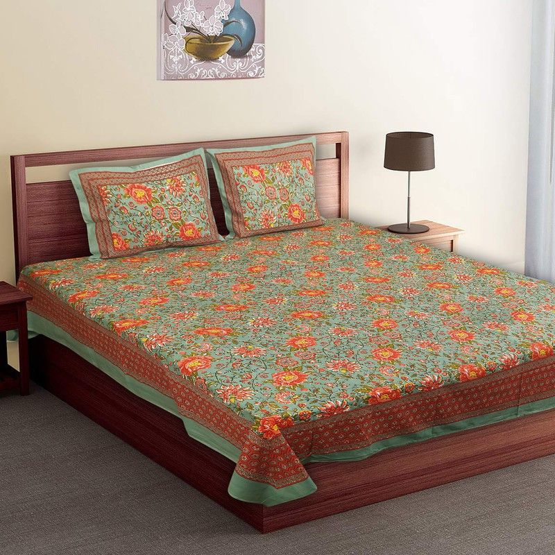Koki dyeing 361 TC Cotton King Floral Flat Bedsheet  (Pack of 1, Orange)