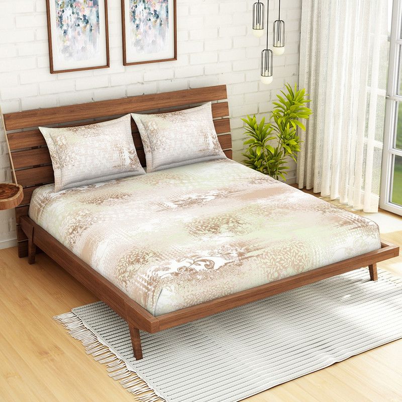 SPACES 180 TC Cotton King Floral Flat Bedsheet  (Pack of 1, Brown, White)