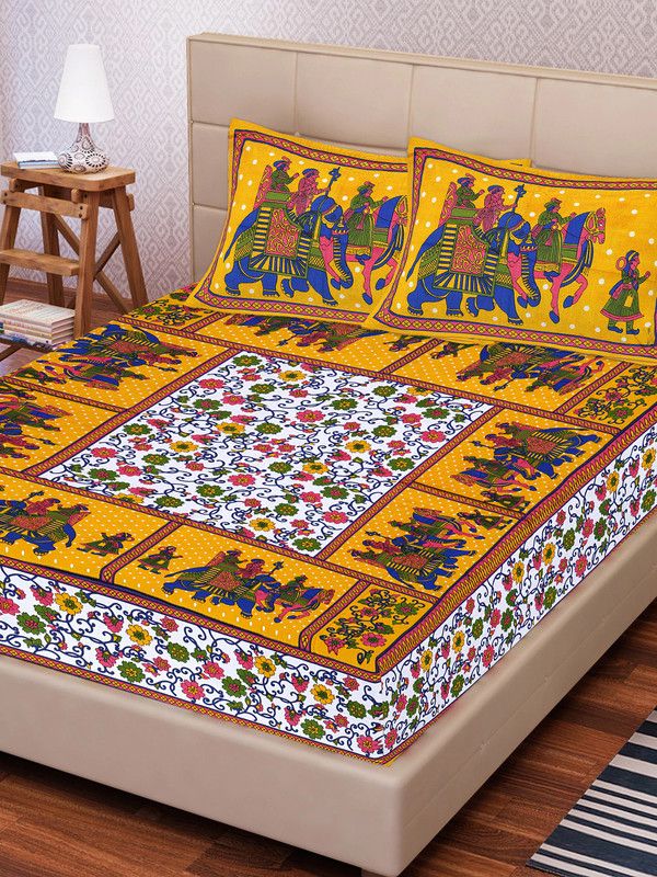250 TC Cotton Double Jaipuri Prints Bedsheet  (Pack of 1, Yellow)