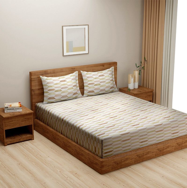 SWAYAM 240 TC Cotton Double Striped Fitted (Elastic) Bedsheet  (Pack of 1, White,Brown)