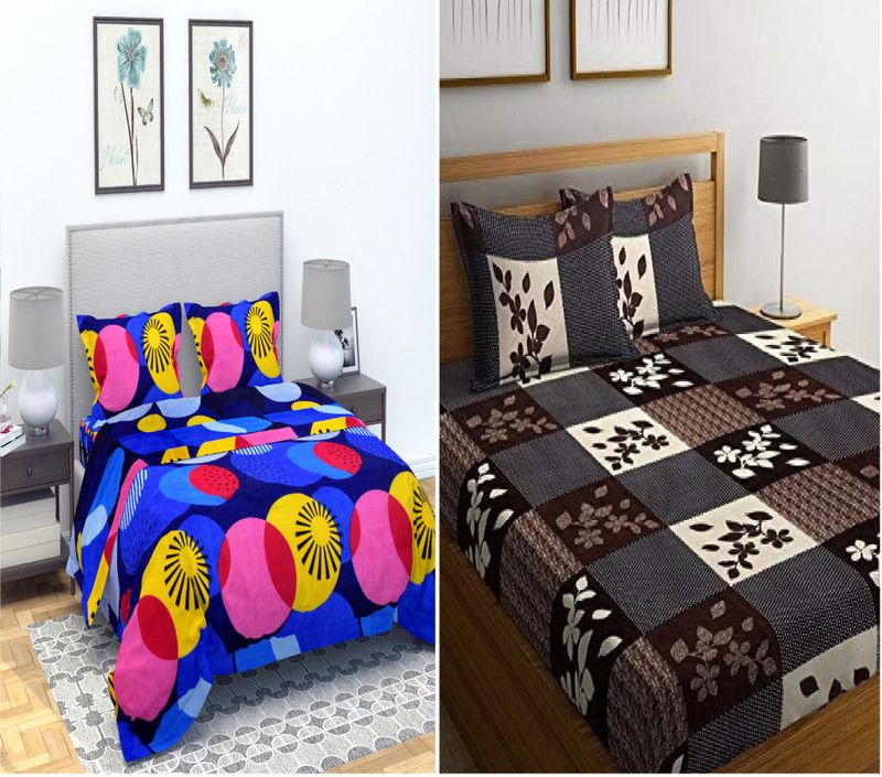 PIYANSHI CREATIONS 250 TC Polycotton Double Floral Flat Bedsheet  (Pack of 2, BLUE/BROWN)