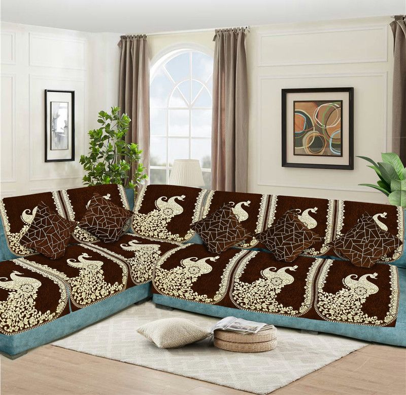 SAWNA HOMES Chenille, Velvet Embroidered Sofa Cover  (COFFEE Pack of 11)