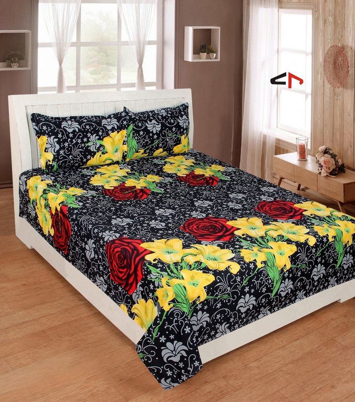 220 TC Polycotton Double 3D Printed Bedsheet  (Pack of 1, BLACK)