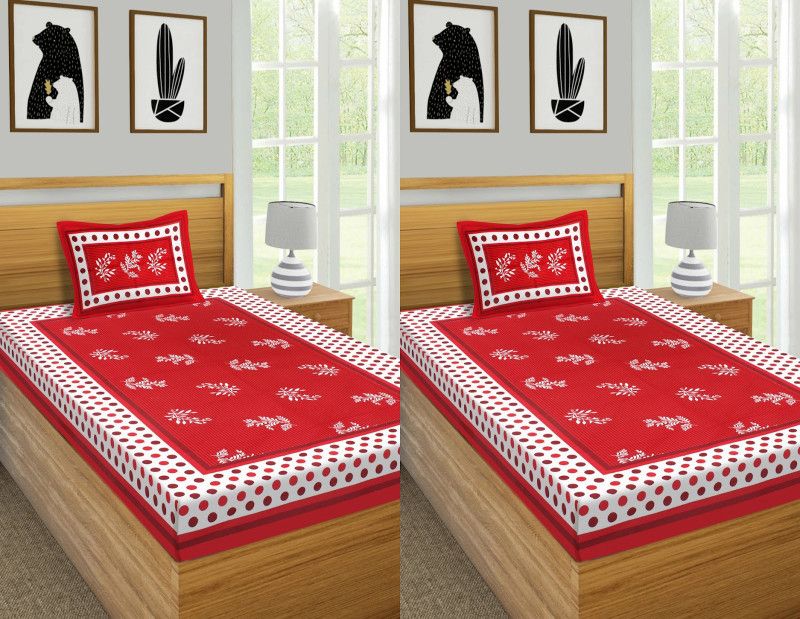 180 TC Cotton Single Jaipuri Prints Bedsheet  (Pack of 2, Red)