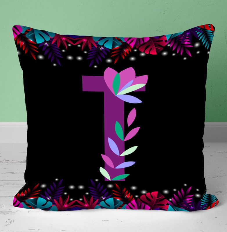 NH10 DESIGNS Colorful Alphabet T Printed Cushion Cover With Filler 12x12 Inch - ABWTCU 50 Microfibre Floral Cushion Pack of 1  (White)