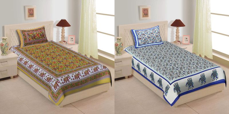 TANIKA 140 TC Cotton Single Printed Flat Bedsheet  (Pack of 2, Yellow, Blue)