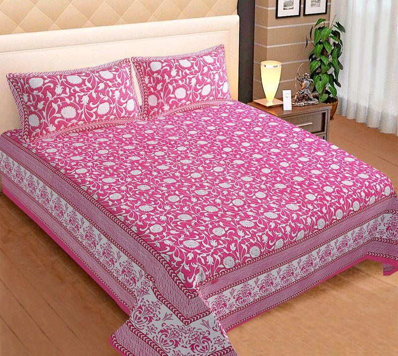 Taj fashion 220 TC Cotton King Printed Flat Bedsheet  (Pack of 1, Pink)
