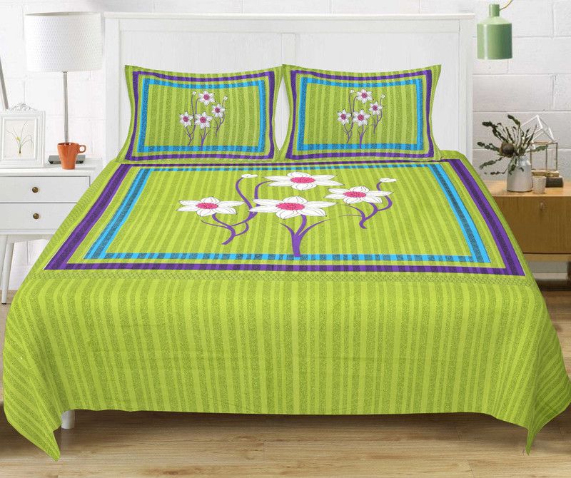 DJ 144 TC Cotton Double Floral Flat Bedsheet  (Pack of 1, Green)