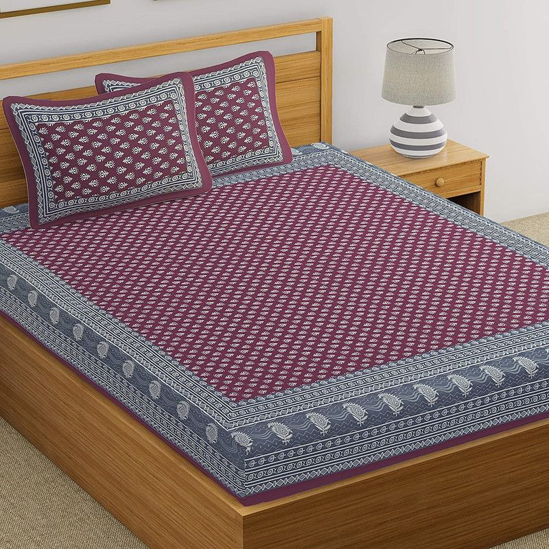 Rangaii 144 TC Cotton Double Jaipuri Prints Flat Bedsheet  (Pack of 1, Pink, Grey)