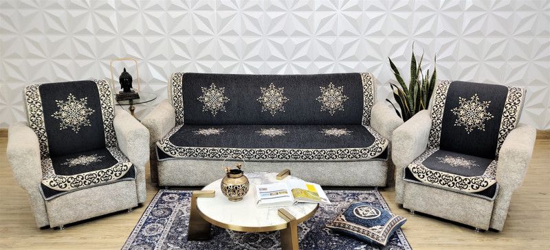 OrangeStitch Velvet Floral Sofa Cover  (Grey Pack of 3)