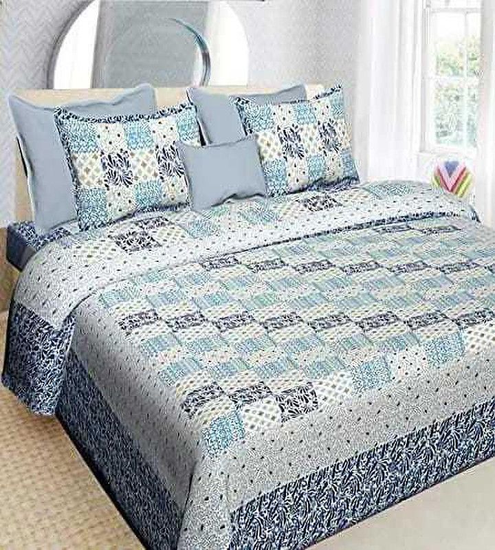 openkart shopping 200 TC Cotton Double Jaipuri Prints Flat Bedsheet  (Pack of 1, Blue)