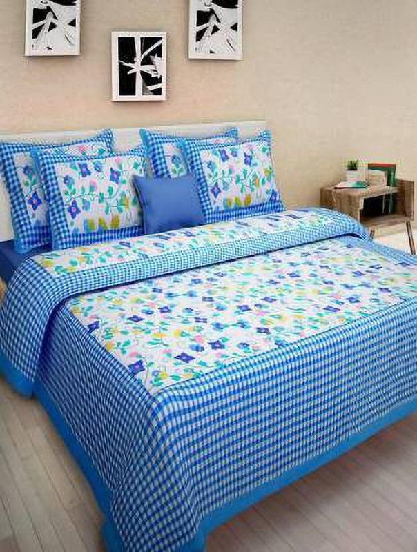 MAISON DE REVE 159 TC Cotton Double Printed Flat Bedsheet  (Pack of 1, Blue, White)