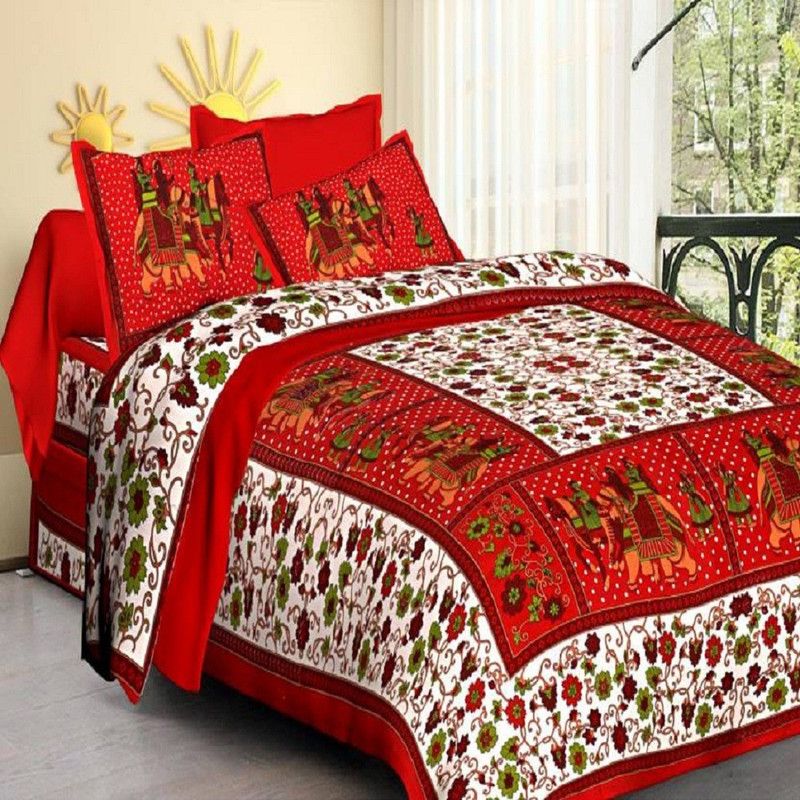 VIHANA LIFESTYL 180 TC Cotton Double Printed Flat Bedsheet  (Pack of 1, Red)