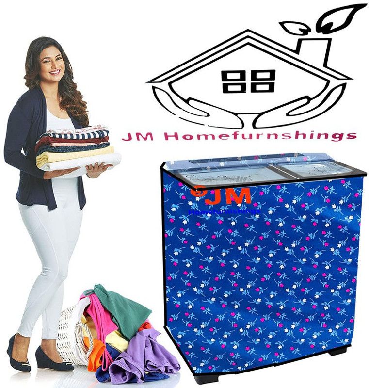 JM Homefurnishings Semi-Automatic Washing Machine Cover  (Width: 87 cm, Blue, White)