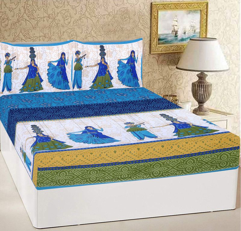 DHAKAD 104 TC Cotton Double Printed Flat Bedsheet  (Pack of 1, Blue)