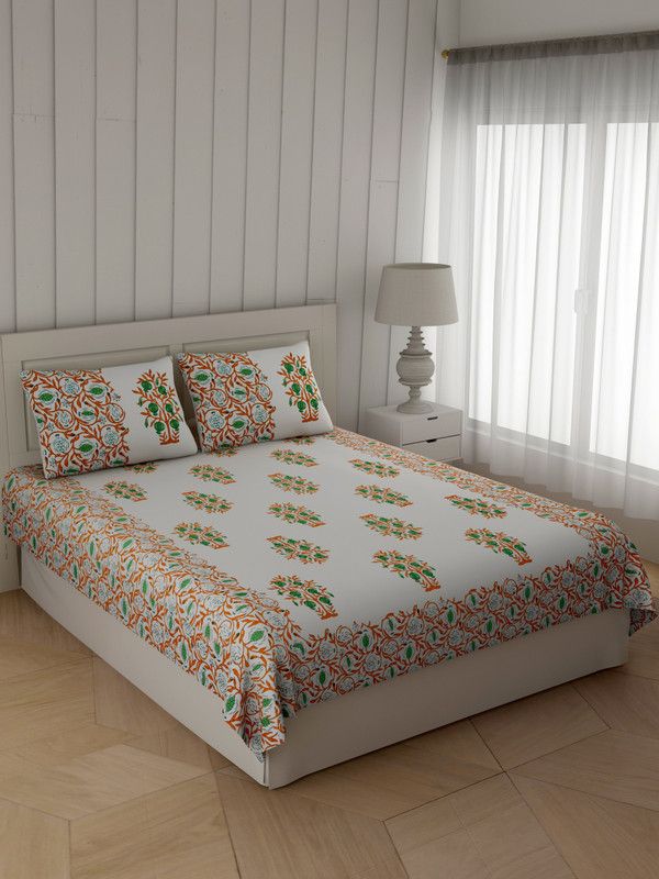 MILAAV 300 TC Cotton King Printed Flat Bedsheet  (Pack of 1, Orange, White)