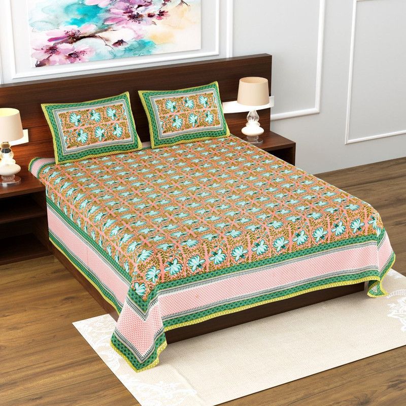 PinankFashion 1 TC Cotton King Floral Flat Bedsheet  (Pack of 1, Green, Yellow)