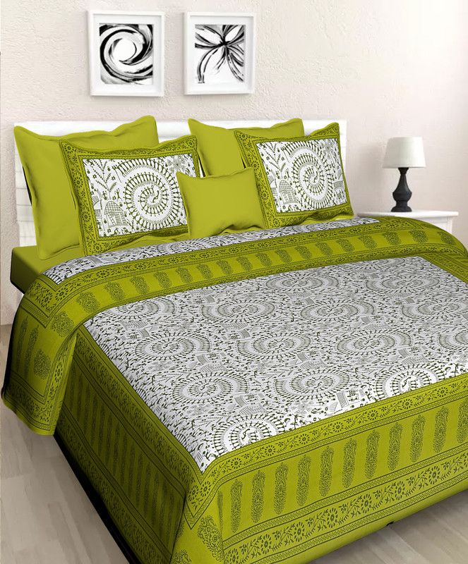 250 TC Cotton Double Jaipuri Prints Bedsheet  (Pack of 1, Green)