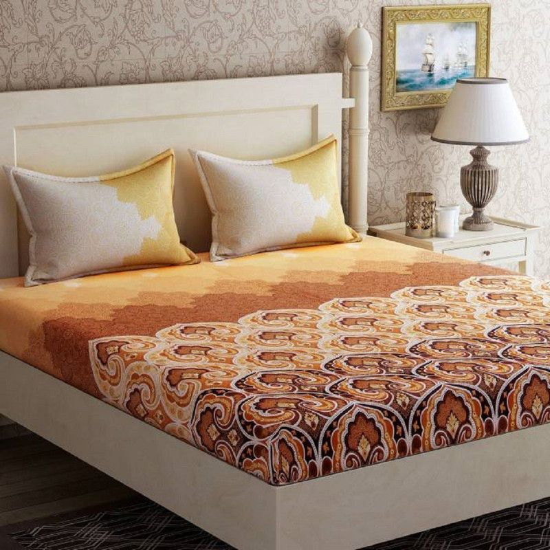 ZESTURE 120 TC Cotton Double Motifs Flat Bedsheet  (Pack of 1, Yellow)