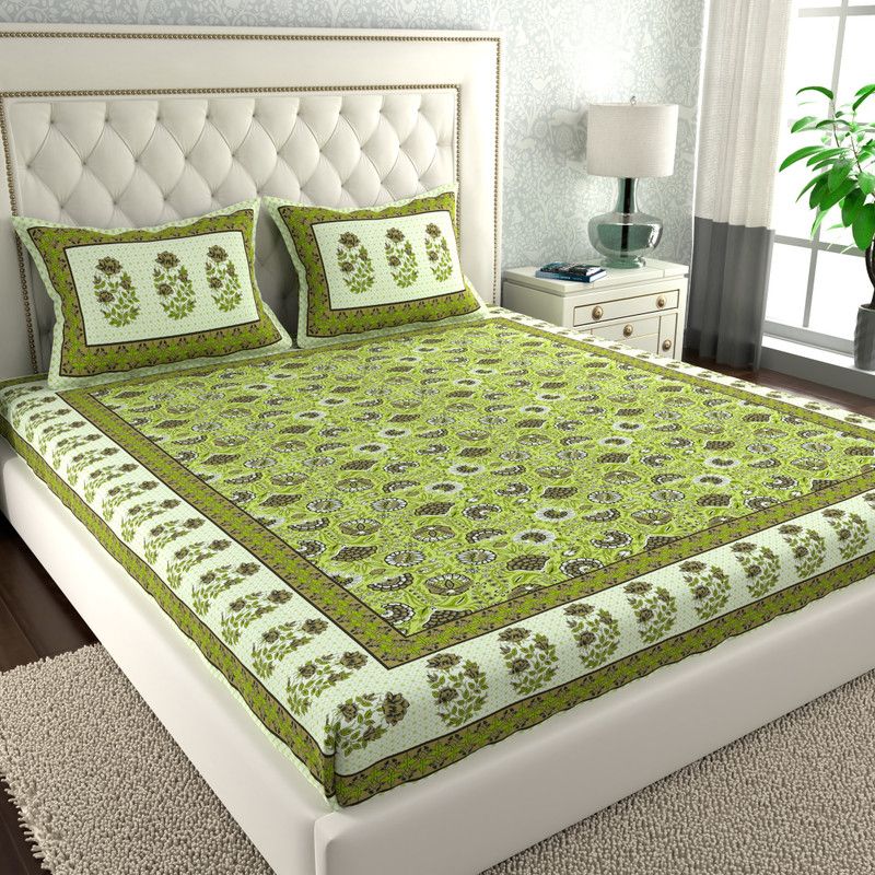 LA VERNE 120 TC Cotton King Printed Flat Bedsheet  (Pack of 1, Green)