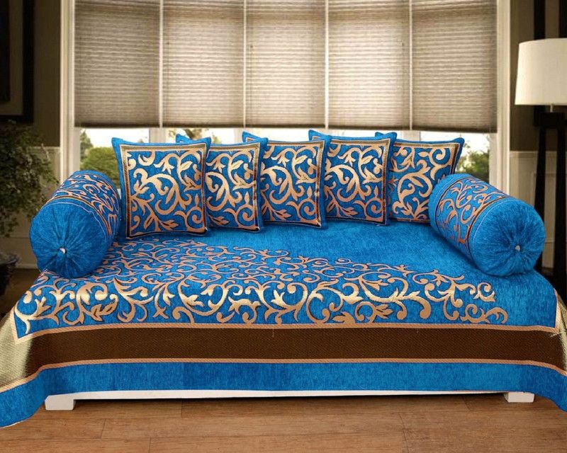 24x7 Home Store Chenille Floral Diwan Set  (Blue)