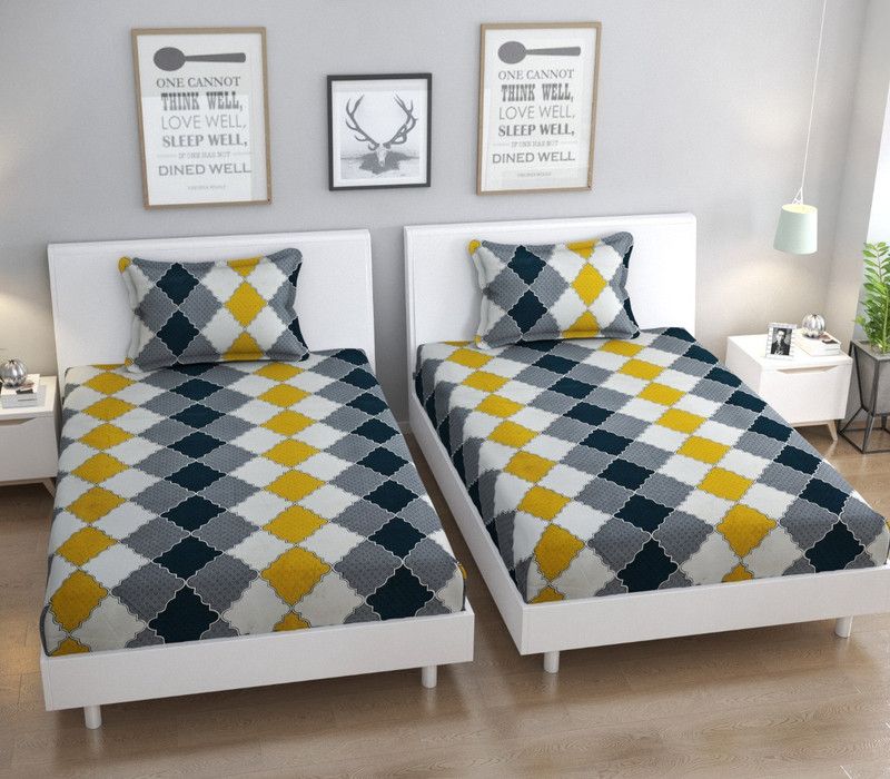 kitchDeco 180 TC Microfiber Single Geometric Flat Bedsheet  (Pack of 2, Grey Yellow)