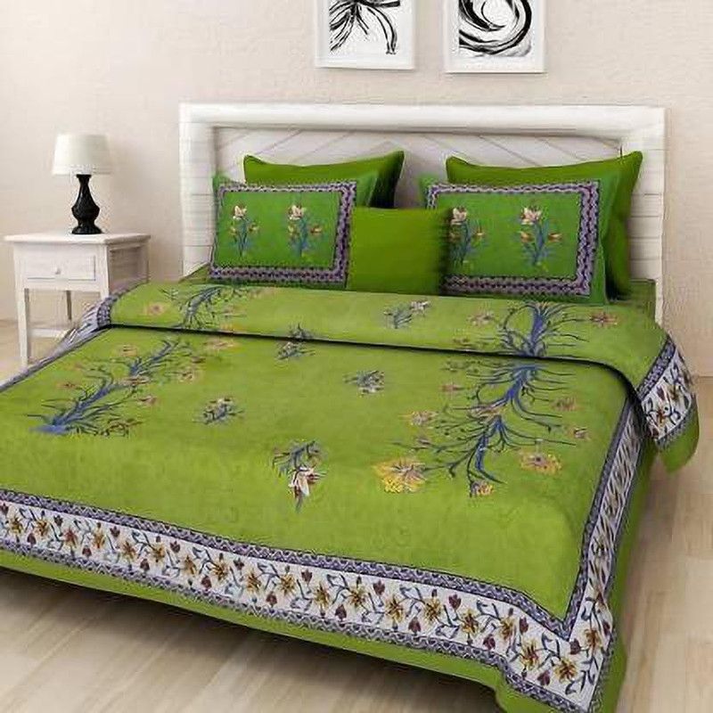 Shopoj 144 TC Cotton Double Jaipuri Prints Flat Bedsheet  (Pack of 1, Green)