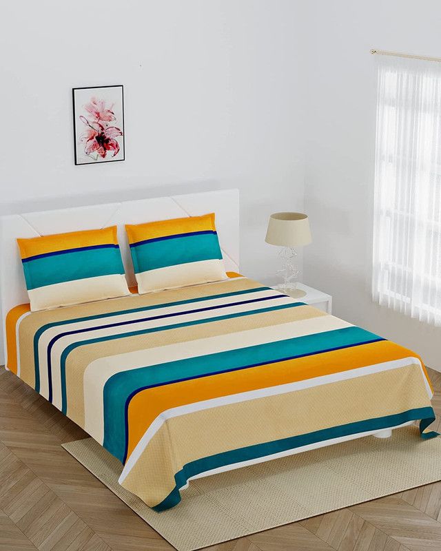 HOMOFY 180 TC Microfiber Double Striped Flat Bedsheet  (Pack of 1, Yellow)