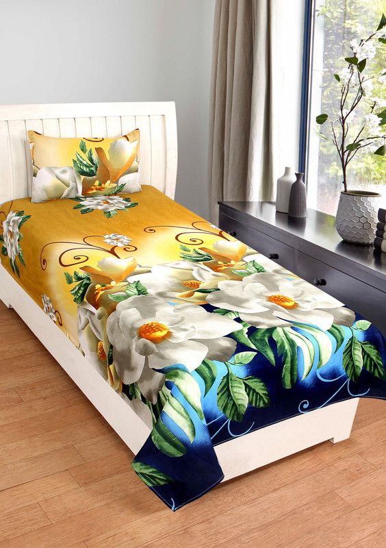 BADOTI 160 TC Cotton Single Printed Flat Bedsheet  (Pack of 2, White & Yellow)