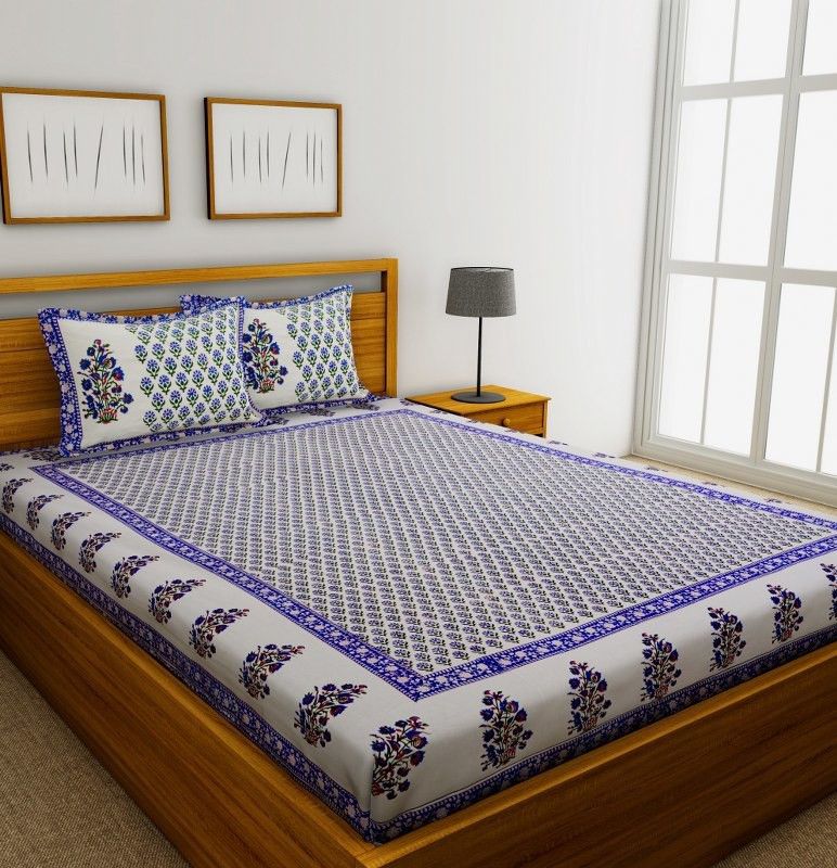 Grah Sajja 200 TC Cotton King Floral Flat Bedsheet  (Pack of 1, Blue)