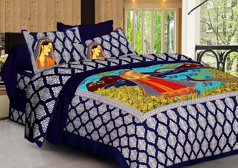 Plethora 151 TC Cotton Double Jaipuri Prints Flat Bedsheet  (Pack of 1, Dark Blue)