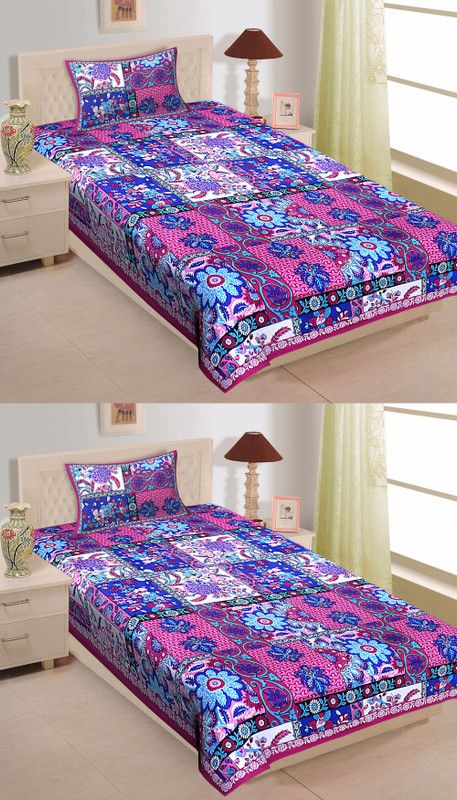 Texstylers 144 TC Cotton Single Jaipuri Prints Flat Bedsheet  (Pack of 2, Pink, Blue)