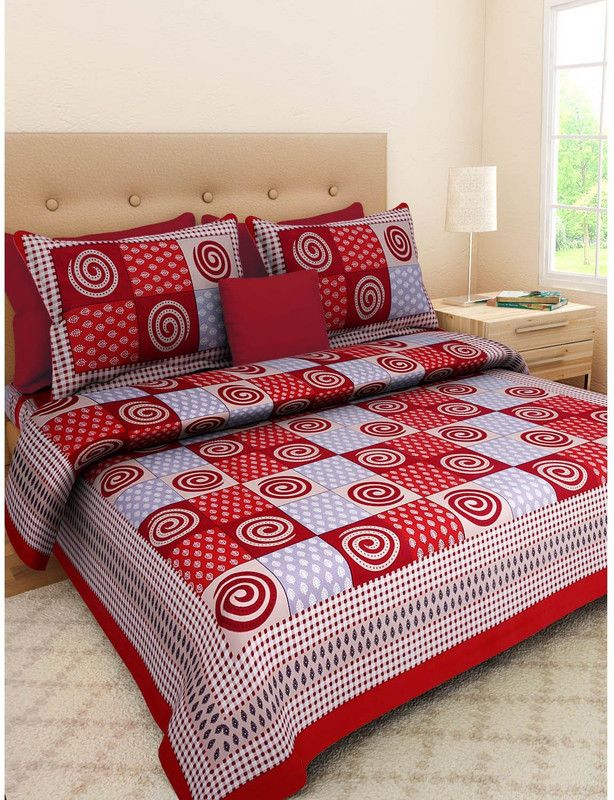 Rangun 120 TC Cotton King Geometric Flat Bedsheet  (Pack of 1, Red)