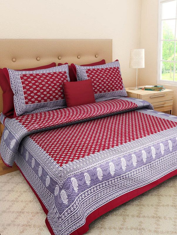 ABHISHEK FASHION 104 TC Cotton Double Jaipuri Prints Flat Bedsheet  (Pack of 1, Maroon, Grey)