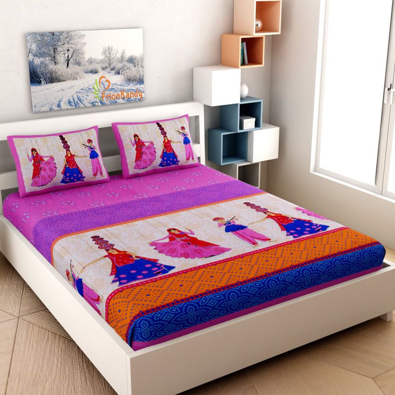 FrionKandy Living 104 TC Cotton Double Printed Flat Bedsheet  (Pack of 1, Pink)
