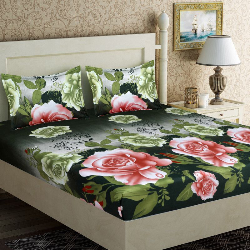 Flipkart SmartBuy 140 TC Microfiber Double Floral Flat Bedsheet  (Pack of 1, Green)