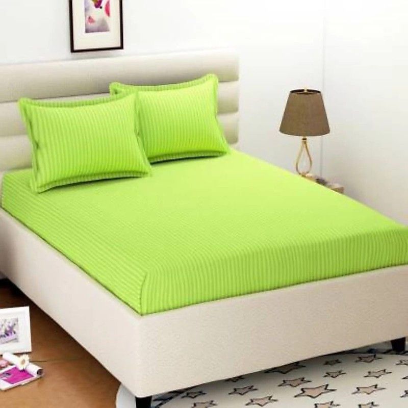 HOMIMPEX 350 TC Satin King Striped Flat Bedsheet  (Pack of 1, Light Green)