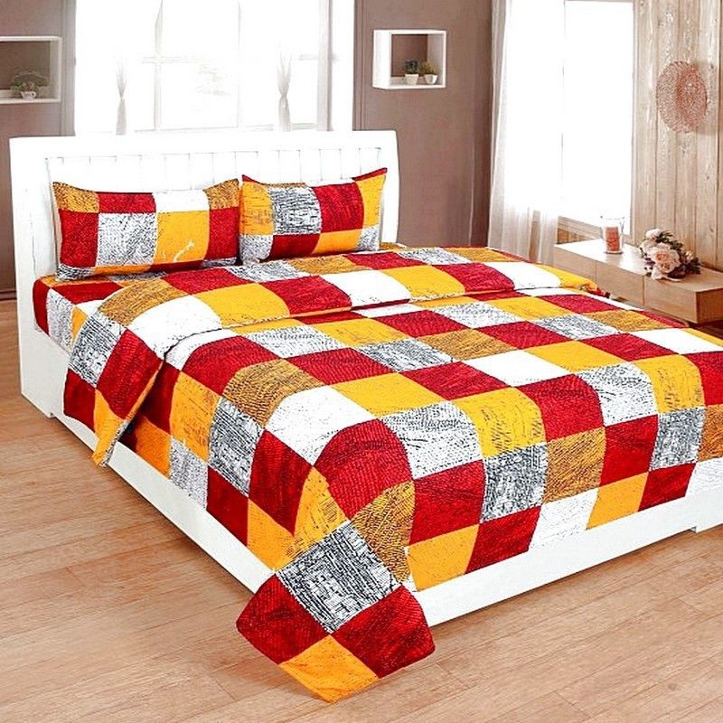 Anchals 250 TC Polycotton King Checkered Flat Bedsheet  (Pack of 1, Yellow)