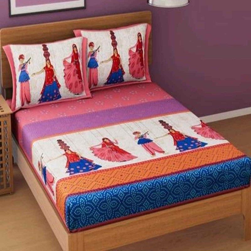 BETRCOM 240 TC Cotton Double Printed Flat Bedsheet  (Pack of 1, Pink)