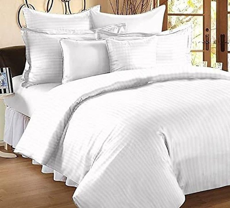 Lv enterprises 160 TC Satin Double Striped Flat Bedsheet  (Pack of 1, White)