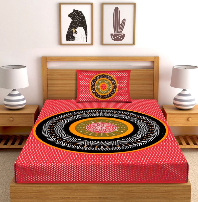 Lovely Home 104 TC Cotton Single Jaipuri Prints Flat Bedsheet  (Pack of 1, Red)
