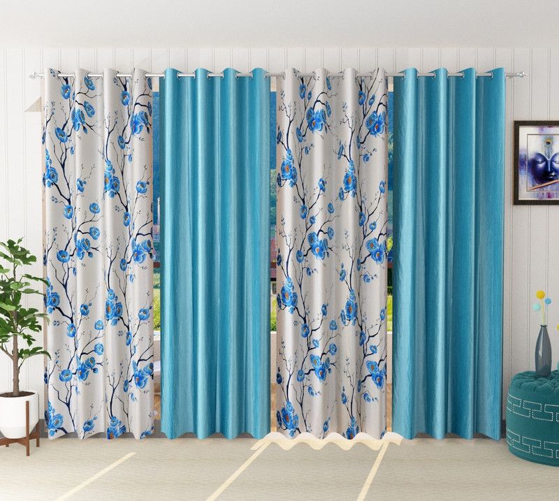 Galaxy Home Decor 153 cm (5 ft) Polyester Semi Transparent Window Curtain (Pack Of 4)  (Printed, Aqua)